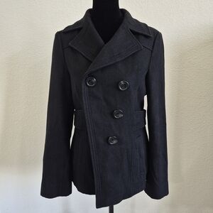 Guess Black Peacoat with Belted Waist and Double-Breasted Design